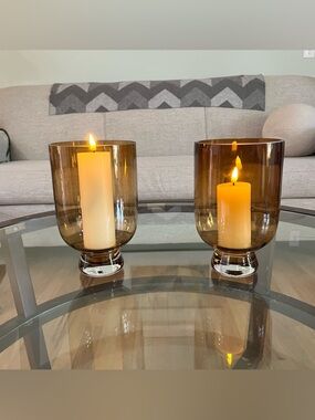 2 Retro Amber hurricane pillar candle holders w footed pedestal base. 9"H x 5”W.